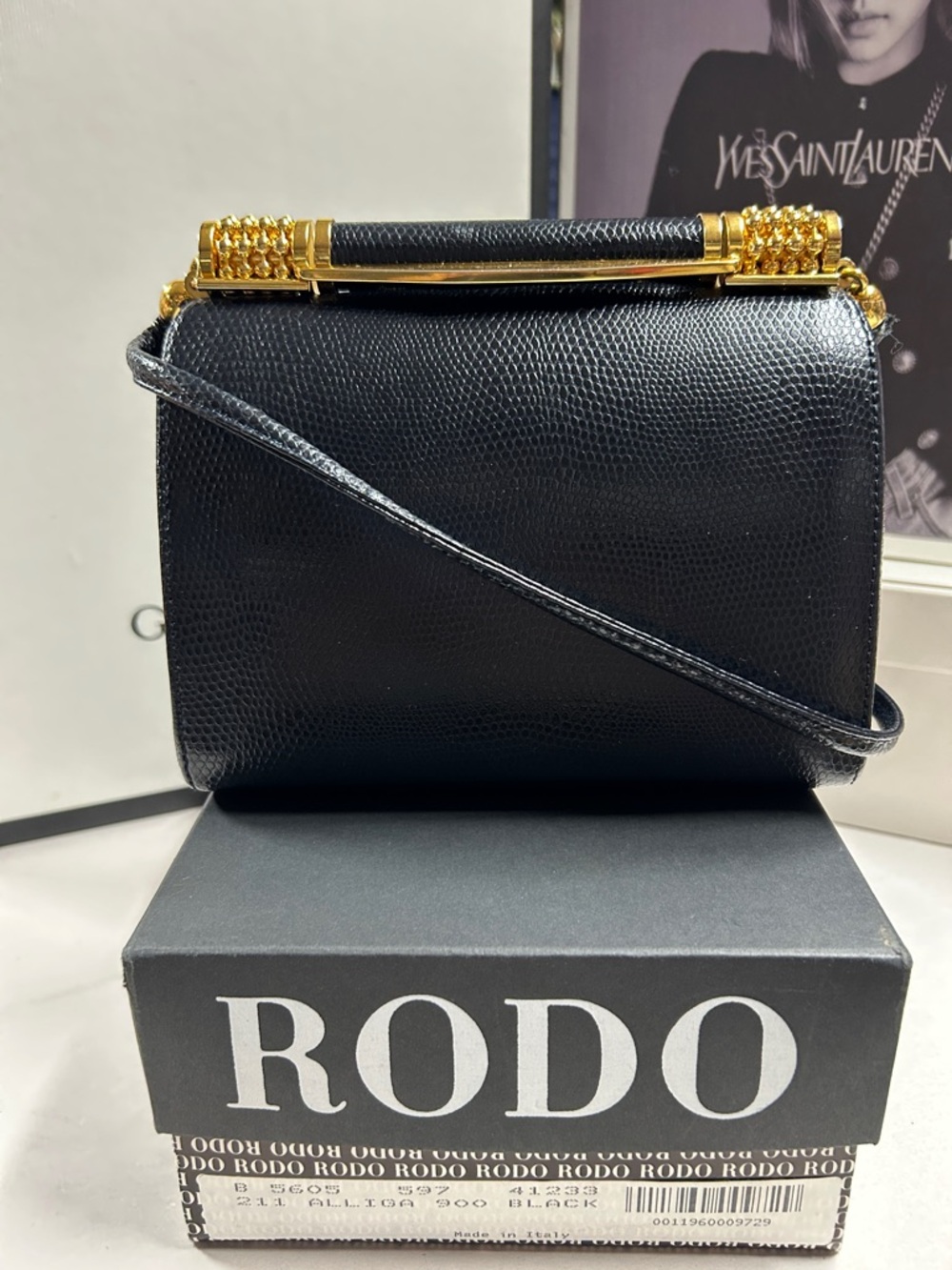 Rodo Black Textured Leather Crossbody Box Clutch with Gold Hardware